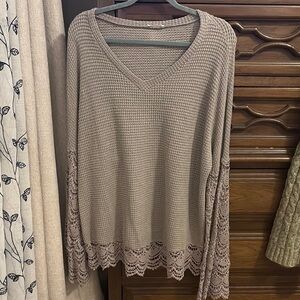 Women's Taupe Sweater with Lace Trim
